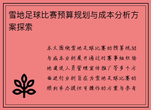 雪地足球比赛预算规划与成本分析方案探索