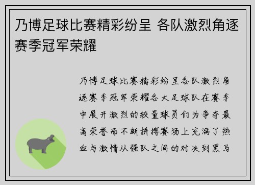 乃博足球比赛精彩纷呈 各队激烈角逐赛季冠军荣耀