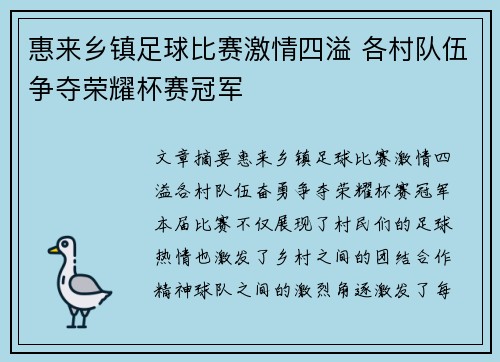 惠来乡镇足球比赛激情四溢 各村队伍争夺荣耀杯赛冠军