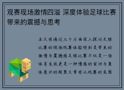 观赛现场激情四溢 深度体验足球比赛带来的震撼与思考