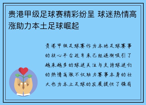 贵港甲级足球赛精彩纷呈 球迷热情高涨助力本土足球崛起