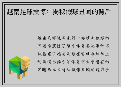 越南足球震惊：揭秘假球丑闻的背后