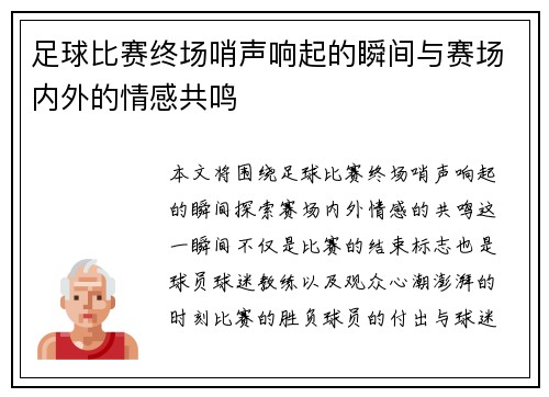 足球比赛终场哨声响起的瞬间与赛场内外的情感共鸣