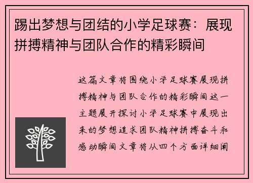 踢出梦想与团结的小学足球赛：展现拼搏精神与团队合作的精彩瞬间