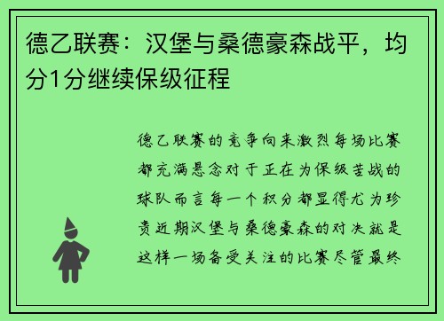 德乙联赛：汉堡与桑德豪森战平，均分1分继续保级征程