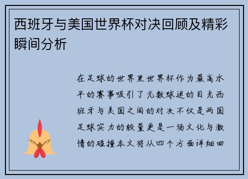 西班牙与美国世界杯对决回顾及精彩瞬间分析