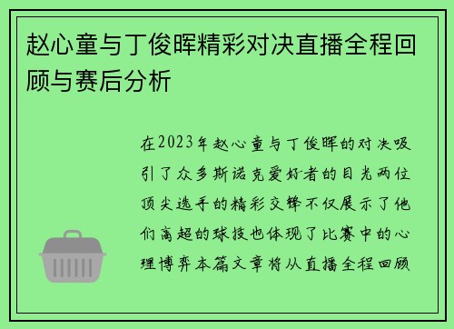 赵心童与丁俊晖精彩对决直播全程回顾与赛后分析