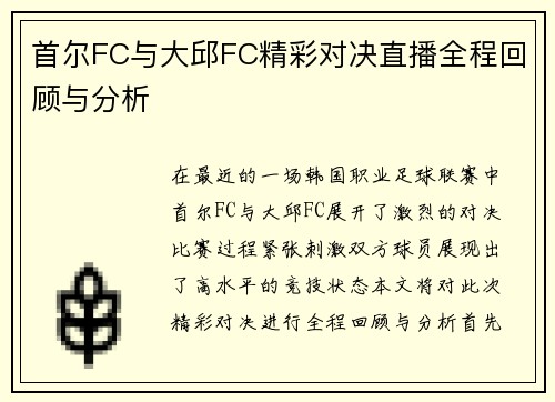 首尔FC与大邱FC精彩对决直播全程回顾与分析