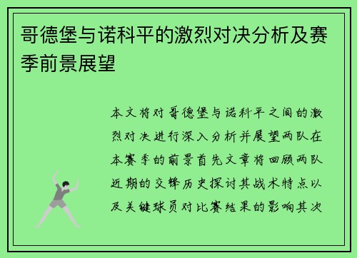 哥德堡与诺科平的激烈对决分析及赛季前景展望