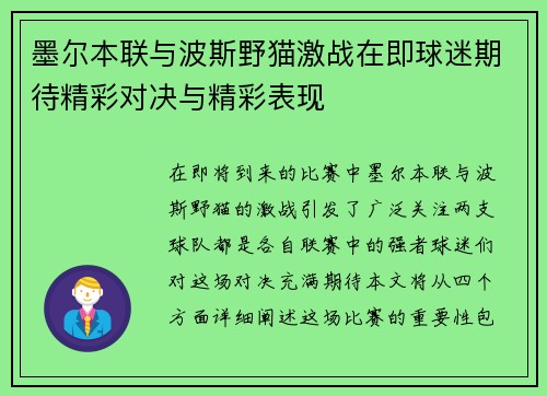 墨尔本联与波斯野猫激战在即球迷期待精彩对决与精彩表现