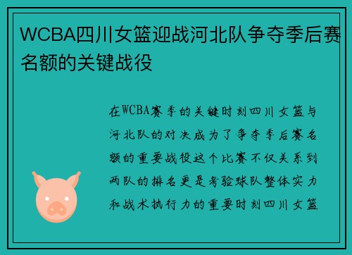WCBA四川女篮迎战河北队争夺季后赛名额的关键战役