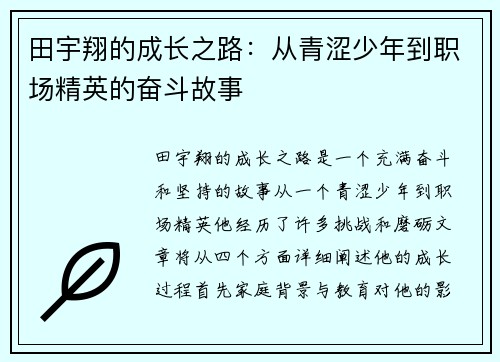 田宇翔的成长之路：从青涩少年到职场精英的奋斗故事