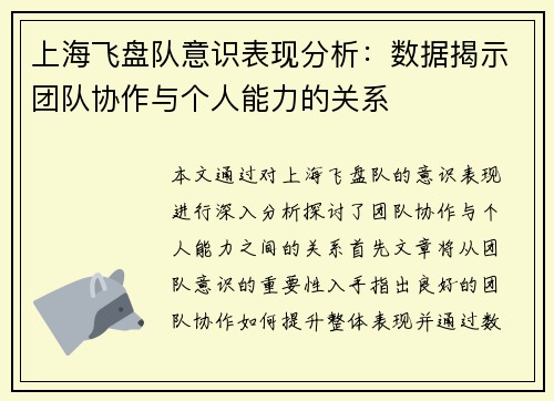 上海飞盘队意识表现分析：数据揭示团队协作与个人能力的关系
