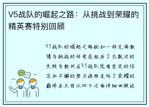 V5战队的崛起之路：从挑战到荣耀的精英赛特别回顾